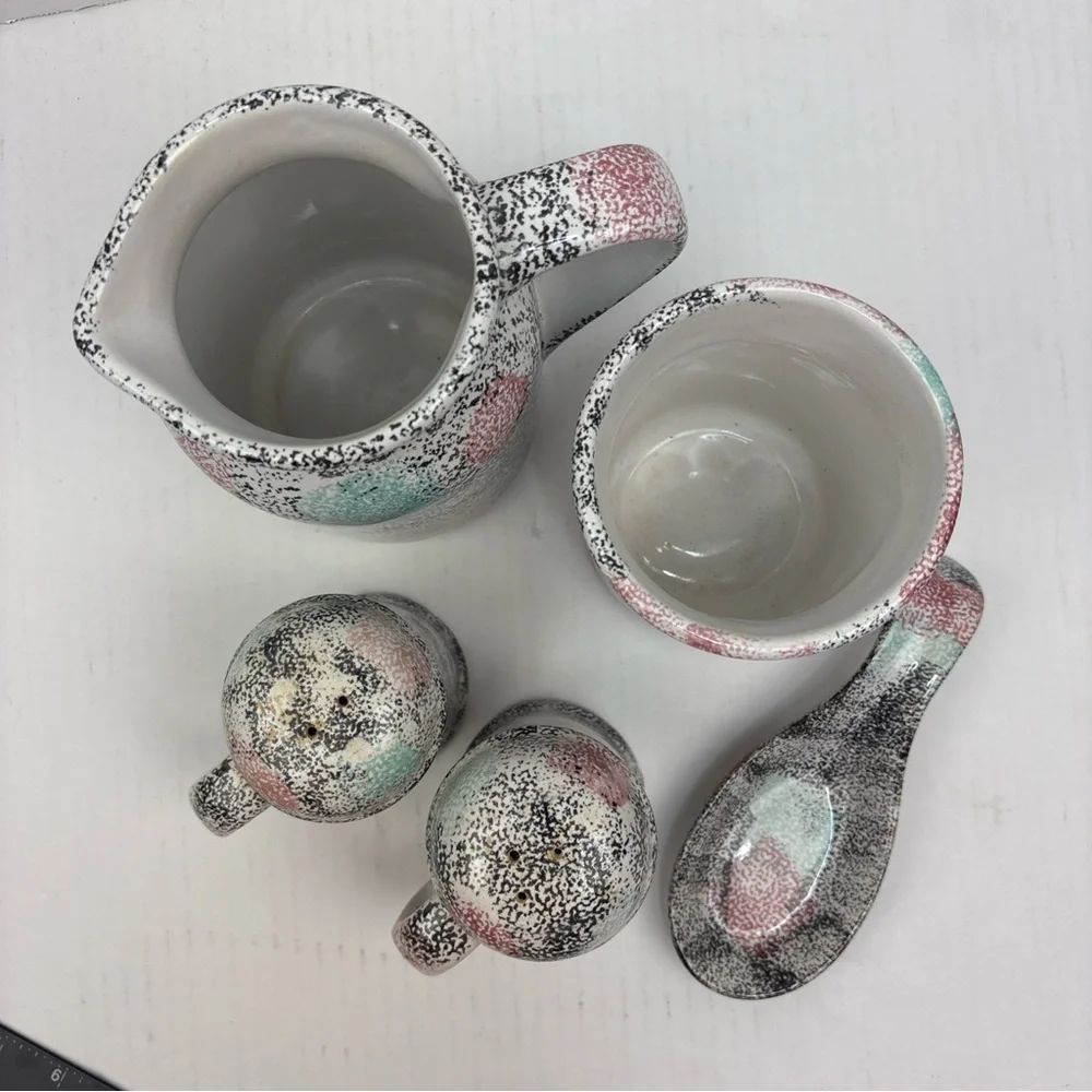 Guyroc Pottery Set Speckled Pitcher Utensil Holder Spoon Rest Salt Pepper Shaker